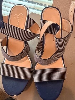 Jessica Simpson Navy and White Striped Elastic Wedge Sandals